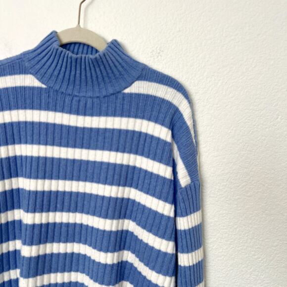 [LOFT] Blue White Striped Ribbed Knit Pullover Turtleneck Sweater Size Small S - Picture 8 of 12